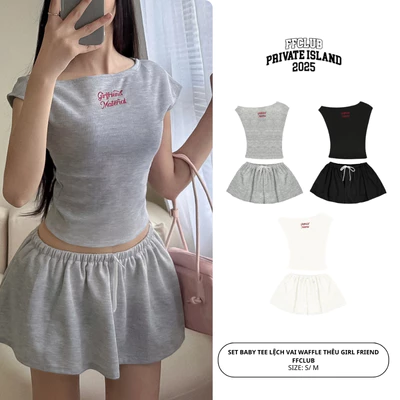 SET BABY TEE LỆCH VAI WAFFLE THÊU GIRL FRIEND FFCLUB MIX