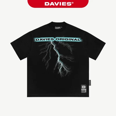 Áo thun form rộng tay ngắn in chữ DAVIES hoạ tiết sấm sét tia lửa loang màu đậm chất hiphop màu đen Spark Tee | D-T31