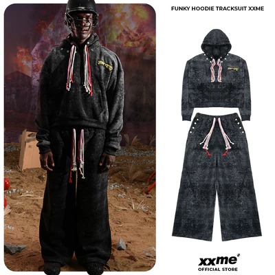 Áo Hoodie/ Quần Dài Ống Rộng Nỉ Bông Set Funky XXME - Màu Đen