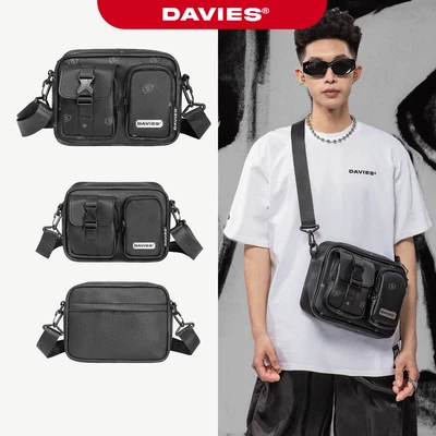 Túi đeo chéo da đựng vừa Ipad DAVIES đen trơn, họa tiết Monogram nhiều ngăn logo Inox Straps Two Pocket | D-B57