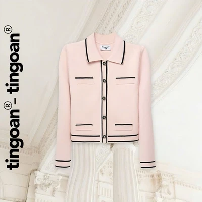 TINGOAN® - Áo len xù cardigan cổ bẻ dáng lửng hồng phối đường viền đen LILY ROSE JACKET/PK