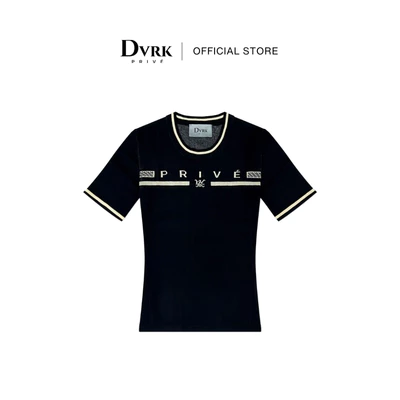 Áo Thun Nữ Tay Ngắn Cổ Tròn Dệt Kim Màu Đen PRIVÉ BAR LOGO-DVRK-23SS