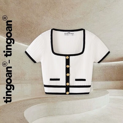 TINGOAN® - Áo croptop len trắng cổ vuông viền đen DARA TOP/WH