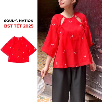 Áo Yếm Đỏ Vải Voan Thêu Hoa thanh lịch, chất liệu voan mềm mịn - SOUL OF A NATION