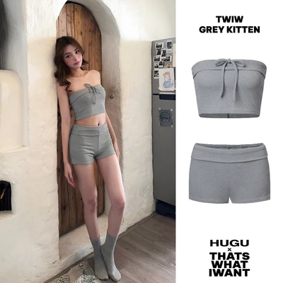 Set áo croptop và quần shorts xám thun gân năng động  HUGUxTHATSWHATIWANT -  TWIW Grey Kitten