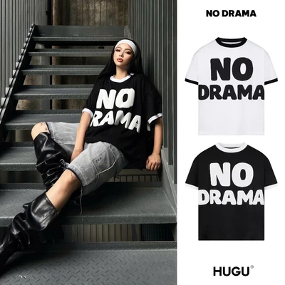 Áo thun bo cổ tròn màu trắng, đen,... form boxy, unisex local brand HUGU - NO DRAMA - hình in nổi, rộng rãi