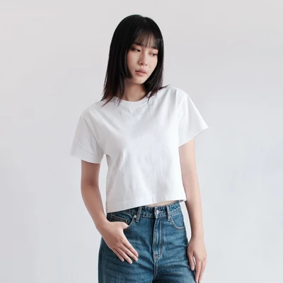 Áo Thun Trắng Nữ Mid-Crop, Áo Thun Boxy Mặc Thường Ngày, Áo Phông Basic Trơn Cotton - The J Studio