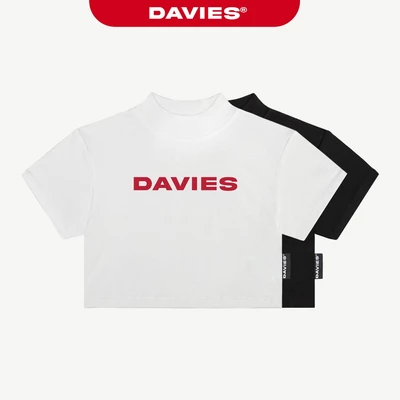 Áo croptop cổ cao tay ngắn in chữ DAVIES trước ngực màu đen, trắng thun cotton ôm sát nữ High Neck Original | D-T17