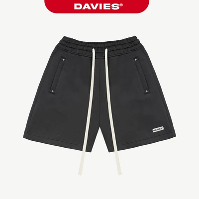 Quần short lửng 4 nút logo inox DAVIES lưng thun rút dây form xuông nam nữ màu đen Poli Short 2.0 | D-Q2