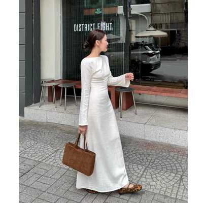 Đầm linen form dài tay dài khoét lưng | 𝐒𝐎𝐌𝐒 | 𝐈𝐯𝐨𝐫𝐲 𝐃𝐫𝐞𝐬𝐬