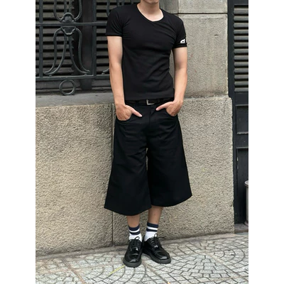 Quần shorts baggy jean nam THEBROTHERS  form Baggy qua gối màu đen