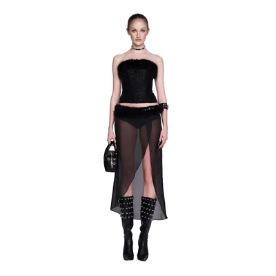 LSOUL Áo Cúp Ngực Đan Dây Corset Phối Lông Chân Váy Xuyên Thấu Xẻ Tà Fang Set A24122792 CV24120704