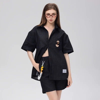 Bộ sơ mi ttay ngắn YELLOW FLICKER vải denim thêu họa tiết OS unisex