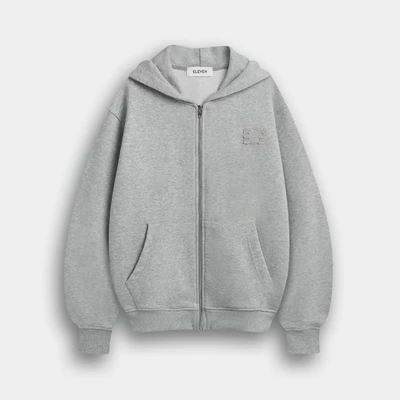 Eleven - Áo Nỉ Unisex Nam Nữ Có Nón Cài Khoá Thêu Đắp Giống Mono | Màu Xám