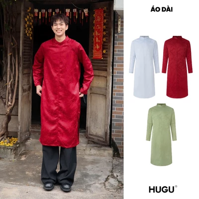 Áo dài dáng suông local brand HUGU - ÁO DÀI - chất liệu vải gấm, tay dài phồng, khóa zip (không kèm quần)