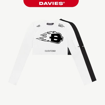 Áo croptop tay dài ôm in họa tiết DAVIES túi kiểu bên tay màu đen, trắng hiphop Long Sleeve Drift | D-T18