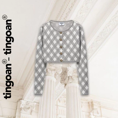 TINGOAN® - Áo cardigan set len xù crop kẻ quả trám có quây xám tingoan LOVE YOU BACK CARDIGAN/GR PHIÊN BẢN MỚI T6.2026