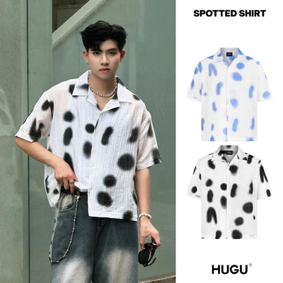 Áo sơ mi boxy local brand HUGU - SPOTTED SHIRT - sơ mi ngắn tay dáng boxy, chất liệu vải đũi xước, wash màu đốm