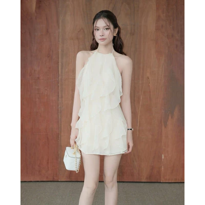 RUBIES Cocktail Dress - Đầm Ngắn Nữ Vải Voan Tơ Dáng Suông Chiết Eo Sát Nách Cổ Yếm