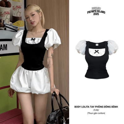 Áo body LOLI form ôm body tôn dáng Phong cách Coquette tay phồng bồng bềnh FFCLUB mix