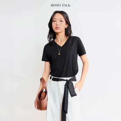 Áo phông cổ tim tay cộc, dáng relax, chất thun cotton co giãn bốn chiều Mono Talk - MFOT25Y-T60002FT