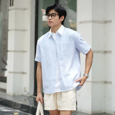 Áo Sơ Mi Kẻ Ngắn Tay Vải Oxford Phối Cổ Trắng Dáng Rộng Phong Cách Hàn Quốc ZUTEE ZT01