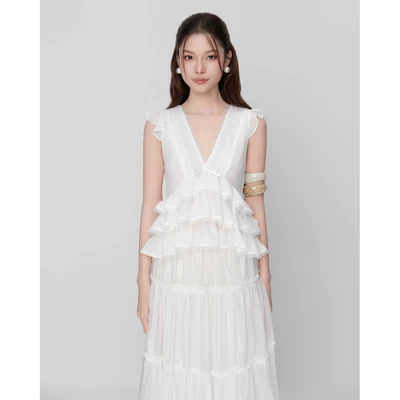 RUBIES Yeoni Top - Áo Kiểu Nữ Vải Chiffon Phối Ren Dáng Peplum Xếp Tầng Sát Nách Cổ Tim V