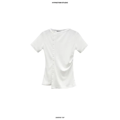 HYPNOTISM | "SWERVE TOP" - Áo thun tay ngắn lệch nút xuyên thấu nhẹ