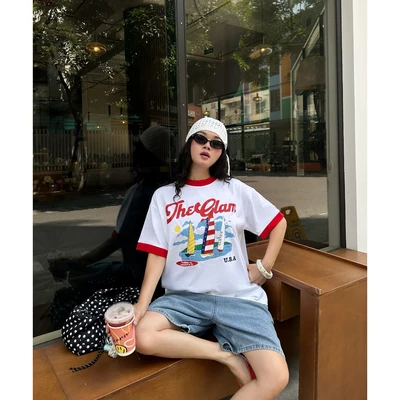TheGlam CHÍNH HÃNG - Áo Thun "SEASIDE MOOD" Form Boxy UNISEX Áo Hè - Màu Trắng viền Đỏ/Trắng - TS04-03