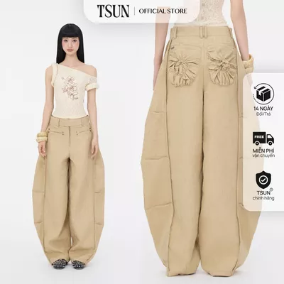 TSUN - Quần Balloon Cạp Cao Dáng Rộng Màu Be, Oversize - Vải Dập Nổi 3D -Túi Sau Nhún Bèo-Streetwear