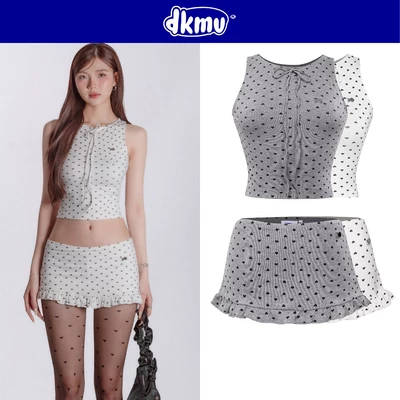 Set áo chân váy họa tiết trái tim DKMV croptop ôm dáng buộc nơ đáng yêu có quần trong Heart | K-SET11