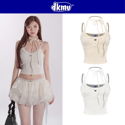Áo hai dây phối dây thắt nơ cổ DKMV hoạ tiết đính viền ren logo cá inox màu trắng, kem xinh xắn Bambi Top | K-T35