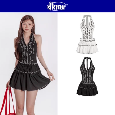 Đầm yếm cột cổ phối viền tương phản DKMV hở lưng thiết kế ngắn dáng xòe đáng yêu logo inox Cá Youngie Dress| K-D20