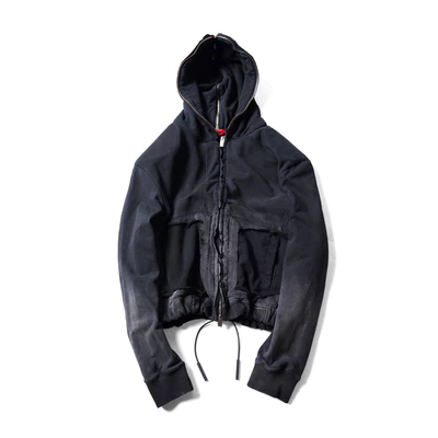 Áo hoodie kéo khóa "PANELED PADDED ZIPPED WASHED HOODIE" màu đen washed