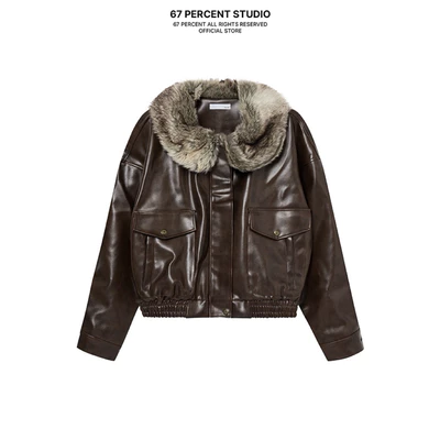 Áo Khoác Da Nâu Phối Cổ Lông 67PERCENT / 67% - FUR-TRIMMED LEATHER JACKET