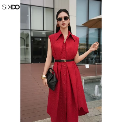 Đầm đỏ sát nách phối cúc KHÔNG KÈM ĐAI SIXDO (Red Raw Loose Dress With Belt)