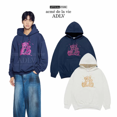 Áo Hoodie ADLV Hand Sketch Bear Dáng Oversized Màu Xanh Navy/Kem - Hàng chính hãng