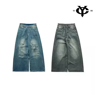 WHOSE X YC1996 - Quần Jeans Ống Rộng Rách Gối Và Vẩy Sơn Bụi Bặm Local Brand Unisex