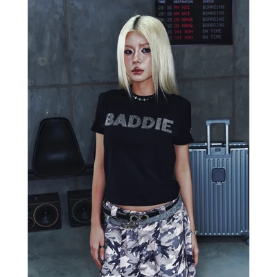 Áo thun NEEDS OF WISDOM Rhinestone Baddie Baby Tee - Black - Local Brand Chính Hãng