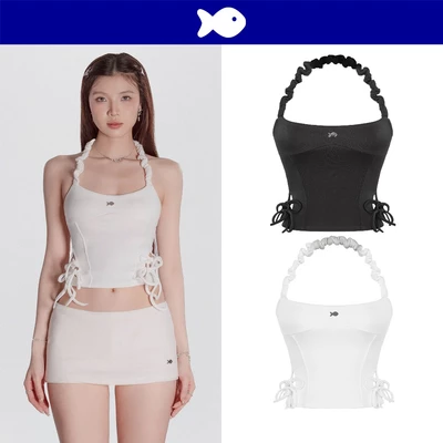 Áo cổ yếm hở lưng dáng croptop DKMV dây cổ nhún chun khoét eo phối dây thắt nơ điệu đà logo cá inox Grace Top | K-T55