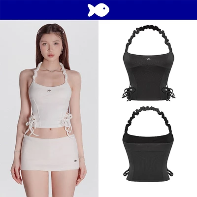 Áo croptop nữ cổ yếm ôm dáng DKMV khoét eo thắt nơ đáng yêu đính logo cá dây cổ nhún chun màu đen Grace Top | K-T55-D