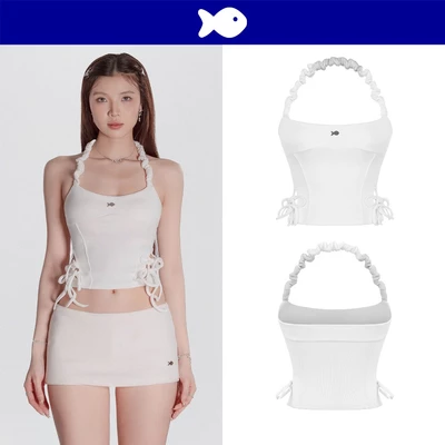 Áo kiểu nữ cổ yếm croptop DKMV khoét eo phối dây thắt nơ logo cá inox xinh xắn dây cổ nhún màu trắng Grace Top | K-T55-T