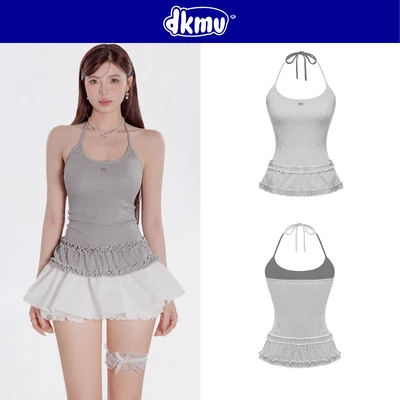Áo yếm cột dây hở lưng phối viền bèo DKMV thiết kế tà xòe nhẹ đáng yêu màu xám Peony Top| K-T29-X
