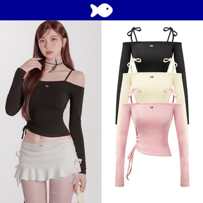 Áo trễ vai có dây thắt nơ tay dài DKMV màu đen, hồng thiết kế dây rút eo đáng yêu Sandrow Top | K-T23