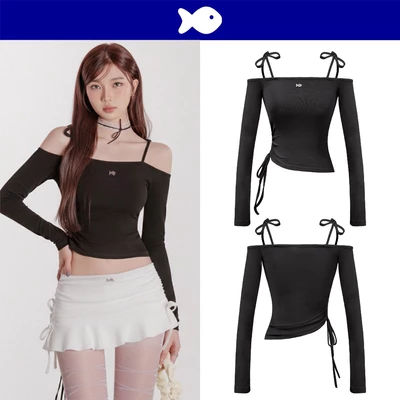 Áo croptop tay dài kiểu trễ vai DKMV thắt nơ màu đen thiết kế dây rút eo đáng yêu Sandrow Top | K-T23-D