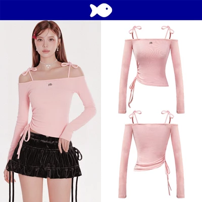 Áo croptop tay dài trễ vai thăt nơ xinh DKMV màu hồng thân áo thiết kế dây rút ôm dáng thun co giãn Sandrow Top| K-T23-H