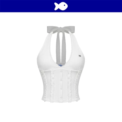 Áo croptop nữ cổ yếm thắt nơ phối ren DKMV nhún dây bèo dọc thân đính logo cá hở lưng màu trắng Sloane Top | K-T56-T