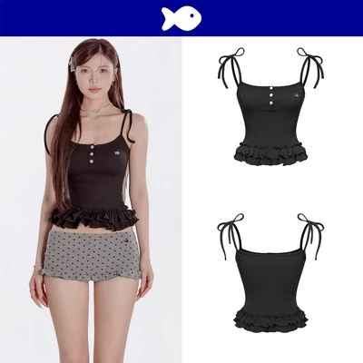 Áo hai dây nữ kiểu cột nơ xinh DKMV thiết kế bèo tầng tà áo phối nút cài ôm dáng màu đen Rose Top| K-T28-D
