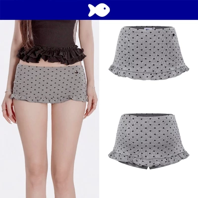 Chân váy xám ngắn họa tiết trái tim DKMV thiết kế kiểu viền bèo có quần trong ôm dáng Heart Mini Skirt | K-SET11-V-X