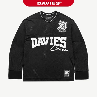 Áo phông dài tay nam nữ thun lưới DAVIES form rộng cổ V hoạ tiết hình in phối logo thêu màu đen Crew Jersey |D-T46